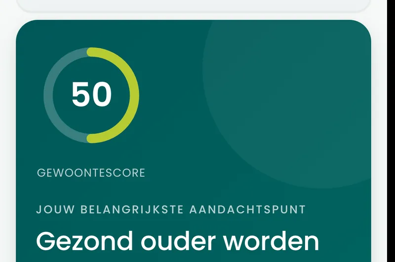 Het resultaatscherm van de BioProfile-gezond ouder wordenscan op een telefoon, met de score in een ring