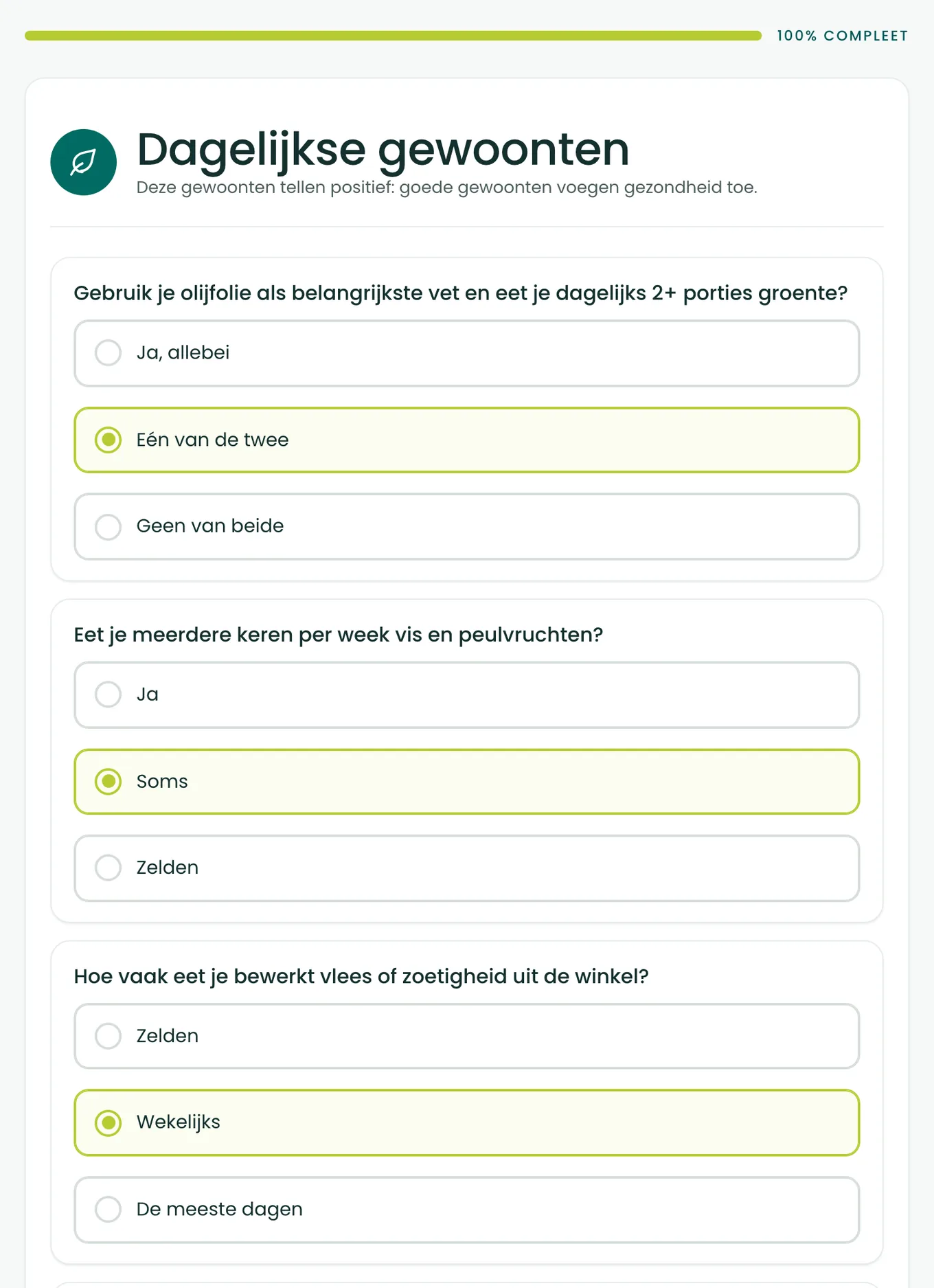 De eerste twee vragen van de BioProfile-leefstijlscan, over olijfolie en dagelijks groente en over vis en peulvruchten, elk met drie antwoordmogelijkheden