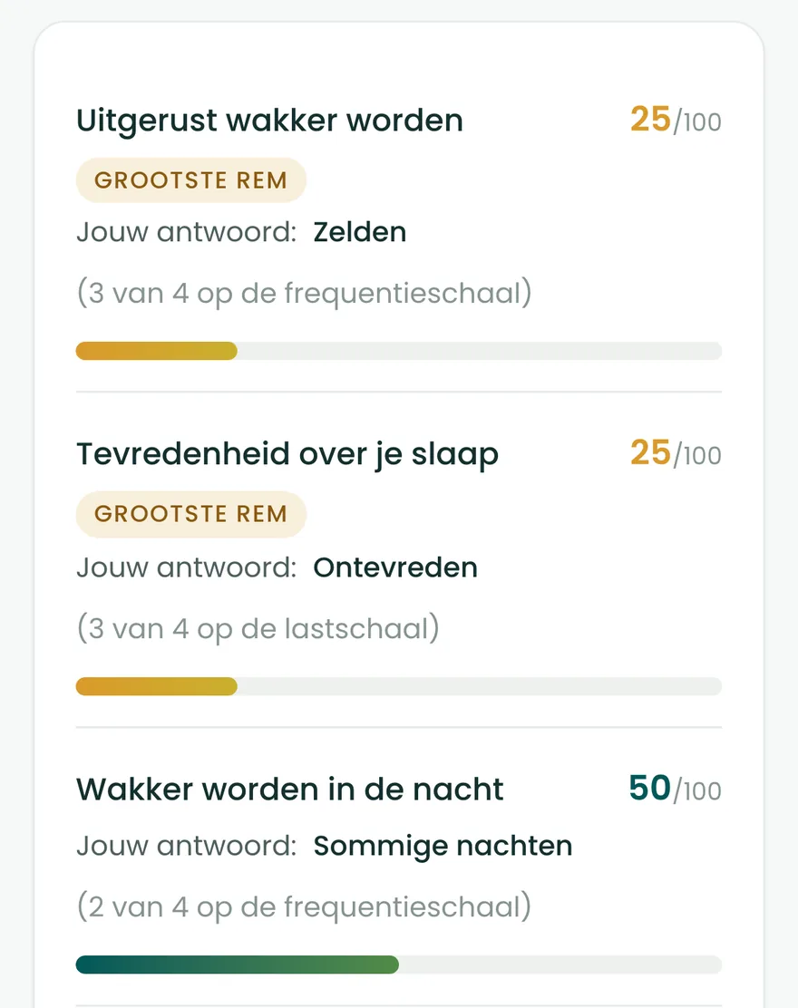 De slaapvragen teruggelezen op het resultaatscherm van de BioProfile-scan, elk met je antwoord en een score van 0 tot 100