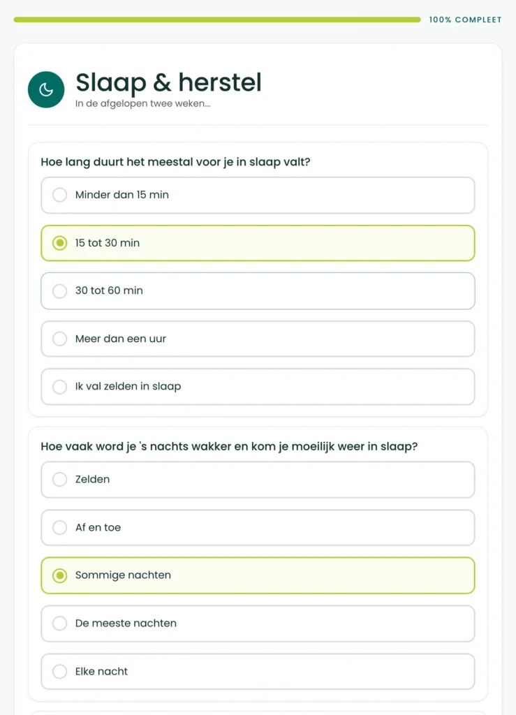 De eerste twee vragen van de BioProfile-slaapscan, over inslapen en wakker worden in de nacht, elk met vijf antwoordmogelijkheden