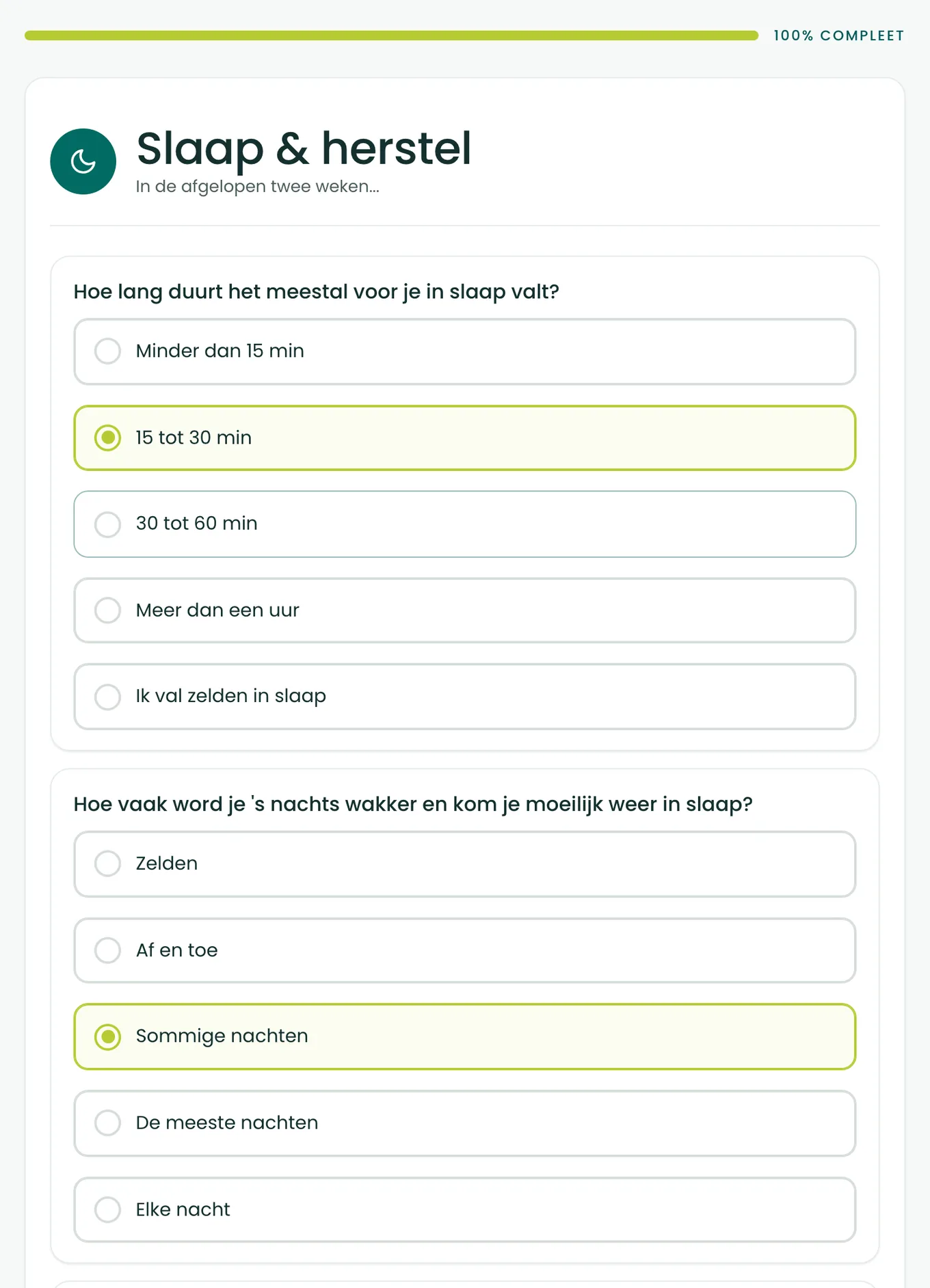 De eerste twee vragen van de BioProfile-slaapscan, over inslapen en wakker worden in de nacht, elk met vijf antwoordmogelijkheden