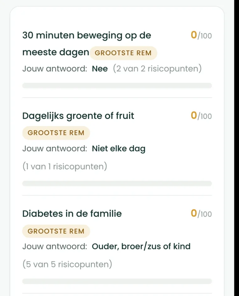 De vragen van de BioProfile-stofwisselingsscan teruggelezen op het resultaatscherm, elk met je antwoord en de risicopunten als een getal van 0 tot 100