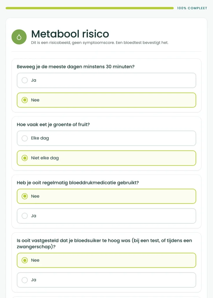 De eerste twee vragen van de BioProfile-stofwisselingsscan, over dertig minuten beweging op de meeste dagen en over dagelijks groente of fruit