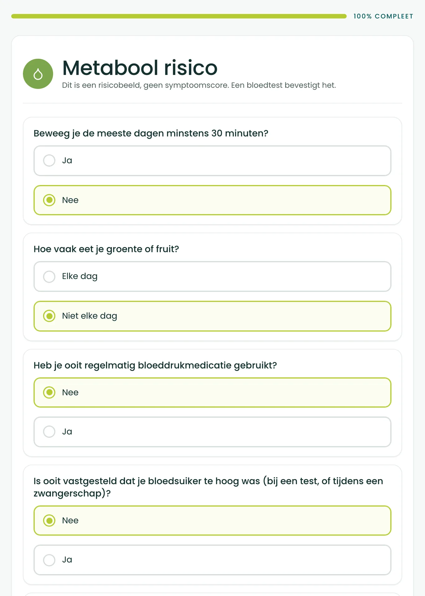 De eerste twee vragen van de BioProfile-stofwisselingsscan, over dertig minuten beweging op de meeste dagen en over dagelijks groente of fruit