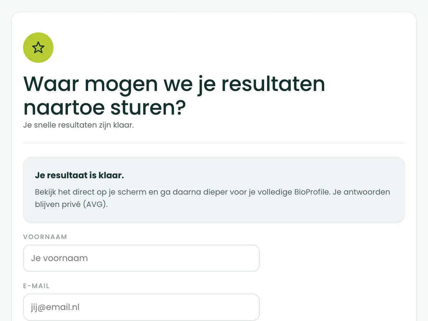 Het scherm waarin je je voornaam en e-mailadres invult om je resultaat te zien