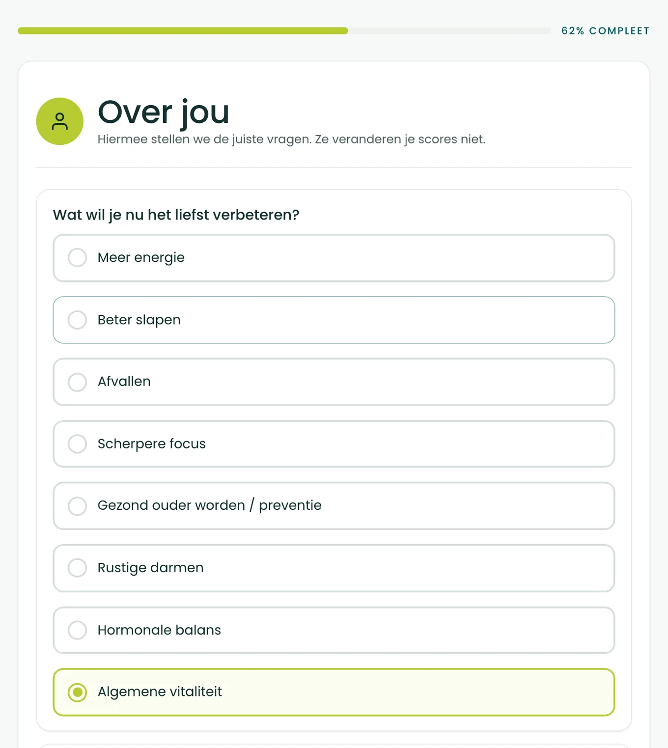 Vraag naar wat je het liefst wilt verbeteren, in de BioProfile-scan, met algemene vitaliteit aangevinkt