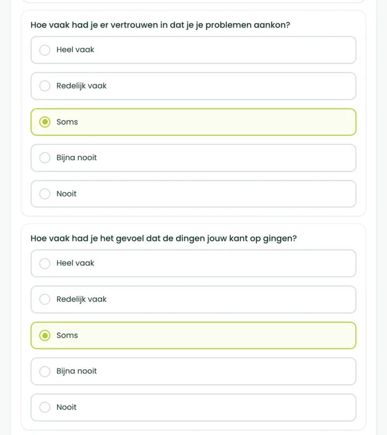Vraag 3 en 4 van de BioProfile-stressscan: vertrouwen in het aanpakken van problemen en dingen die gaan zoals je wilt