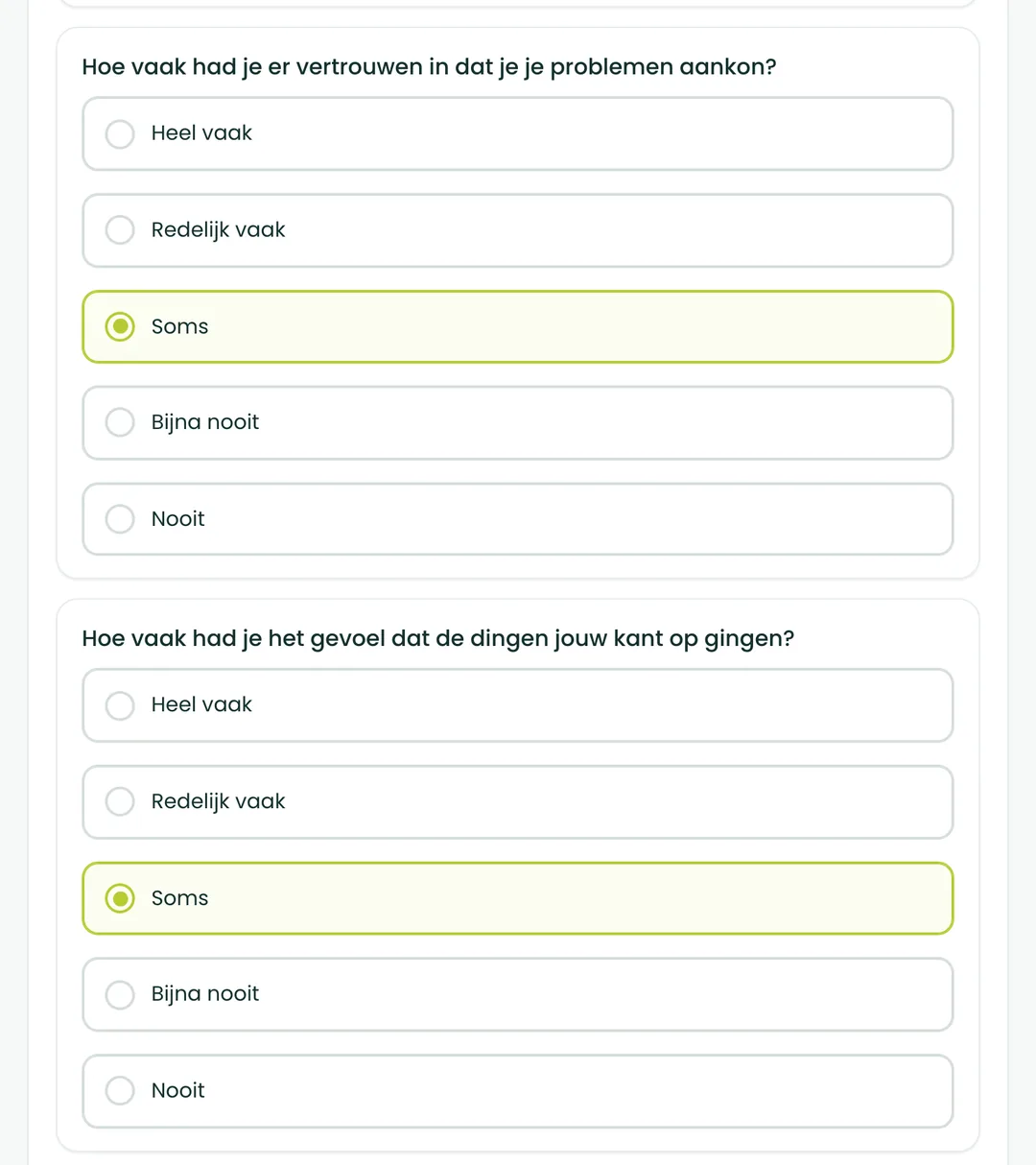 Vraag 3 en 4 van de BioProfile-stressscan: vertrouwen in het aanpakken van problemen en dingen die gaan zoals je wilt