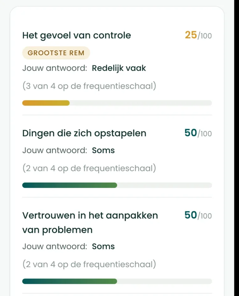 De stressvragen teruggelezen op het resultaatscherm van de BioProfile-scan, elk met je antwoord en een score van 0 tot 100