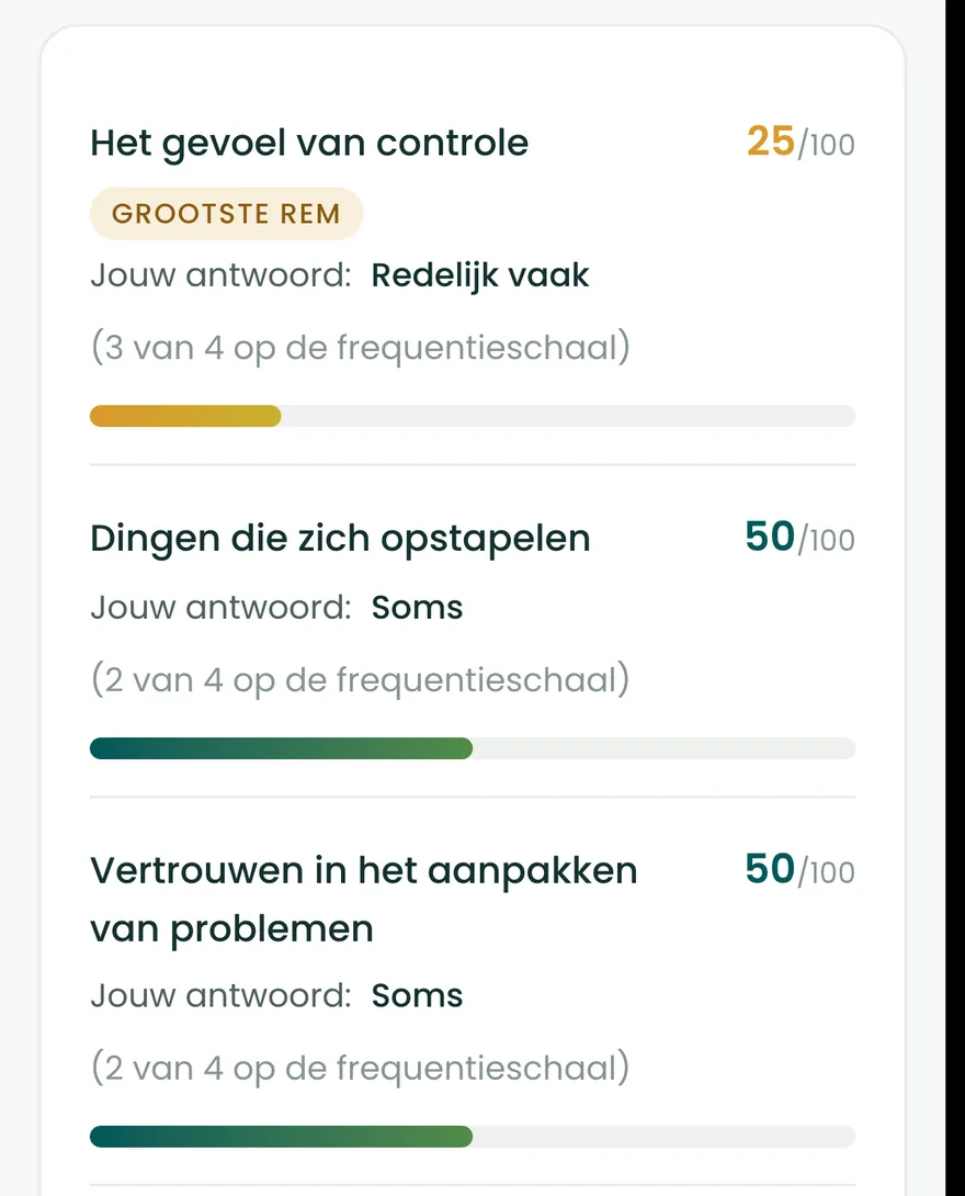 De stressvragen teruggelezen op het resultaatscherm van de BioProfile-scan, elk met je antwoord en een score van 0 tot 100