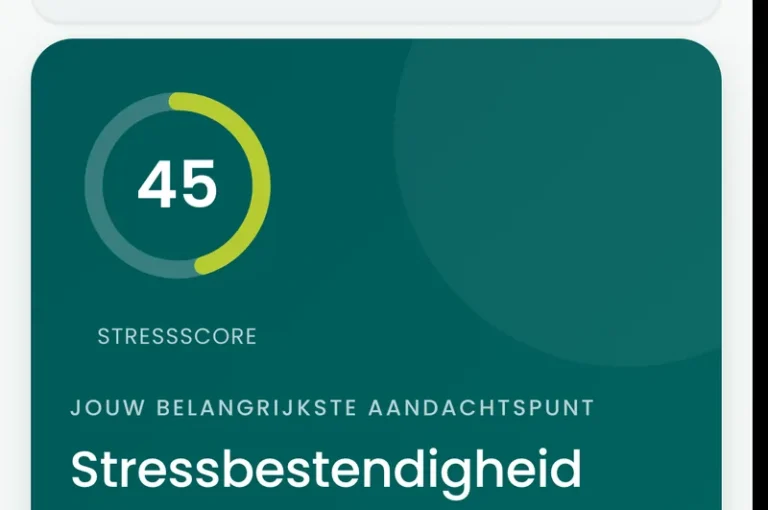 Het resultaatscherm van de BioProfile-stressscan op een telefoon, met een stressscore van 45 en de leesband merkbaar