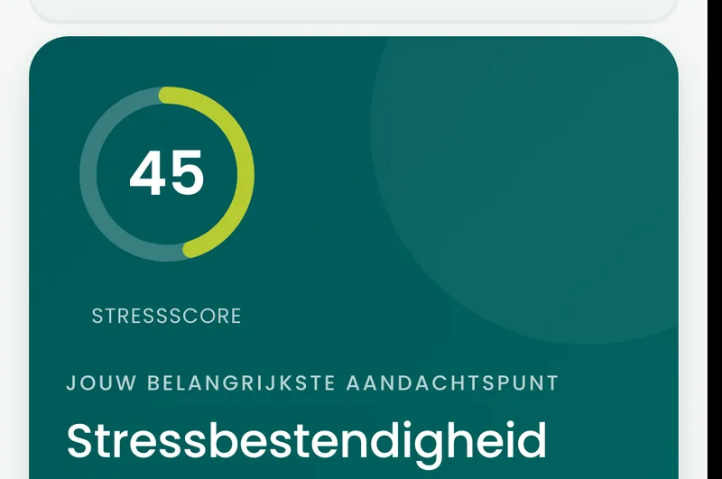 Het resultaatscherm van de BioProfile-stressbestendigheidscan op een telefoon, met de score in een ring