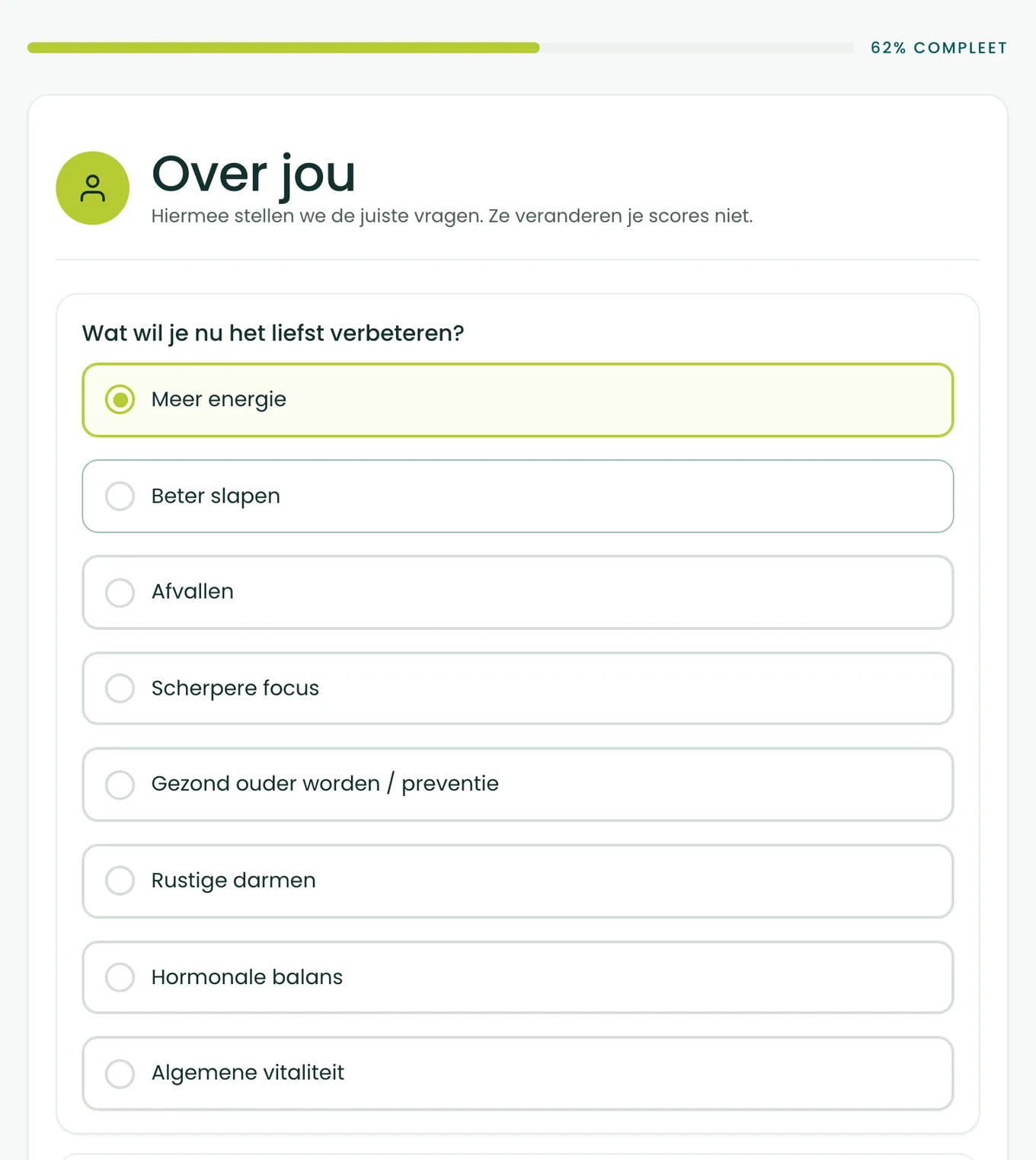 Vraag naar wat je het liefst wilt verbeteren, in de BioProfile-scan, met meer energie aangevinkt