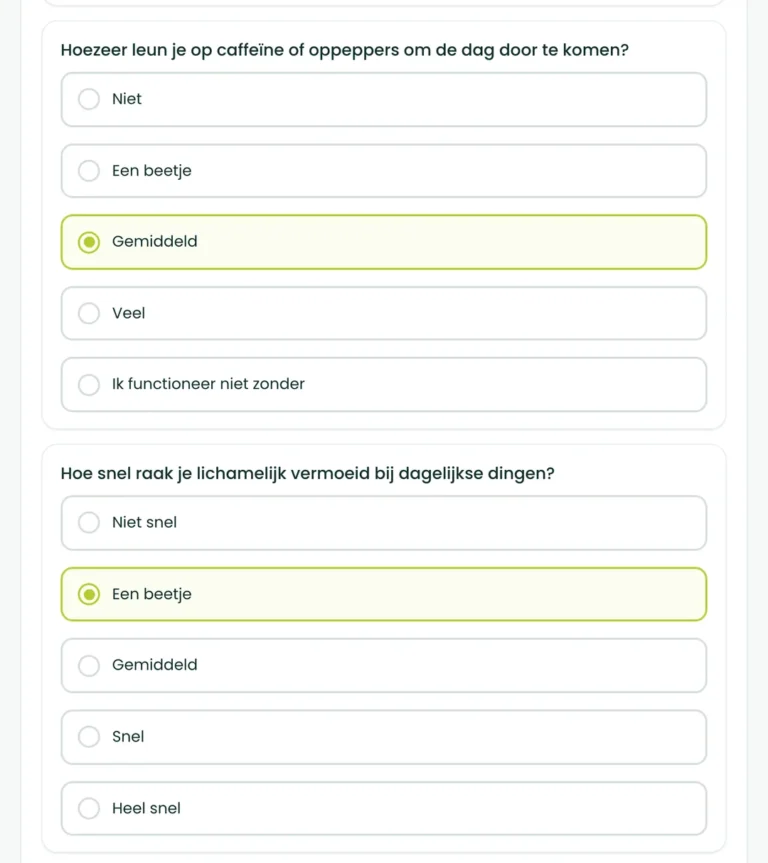 Vraag 3 en 4 van de BioProfile-energiescan: hoeveel je leunt op cafeïne en hoe snel je lichamelijk moe wordt