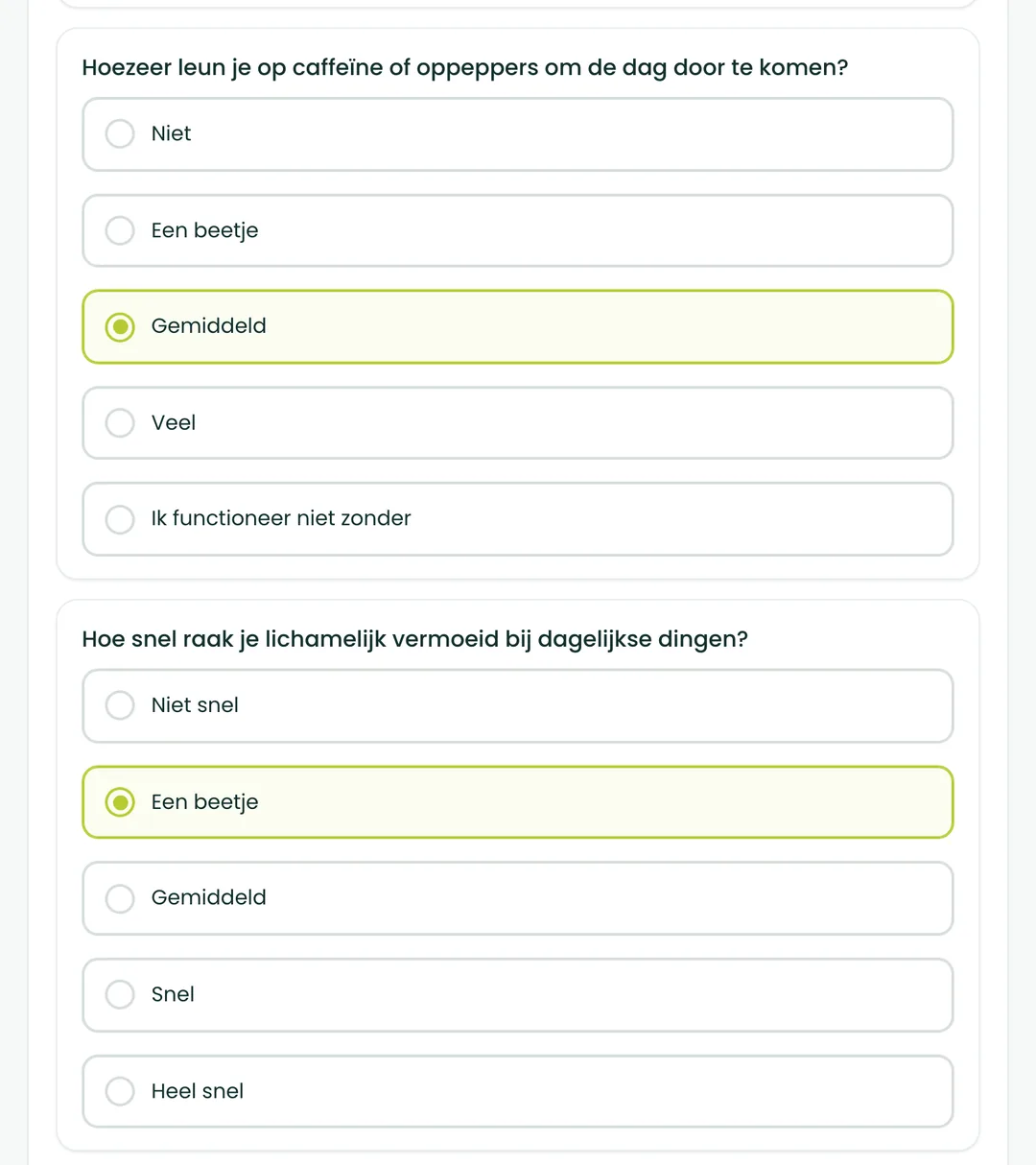 Vraag 3 en 4 van de BioProfile-energiescan: hoeveel je leunt op cafeïne en hoe snel je lichamelijk moe wordt
