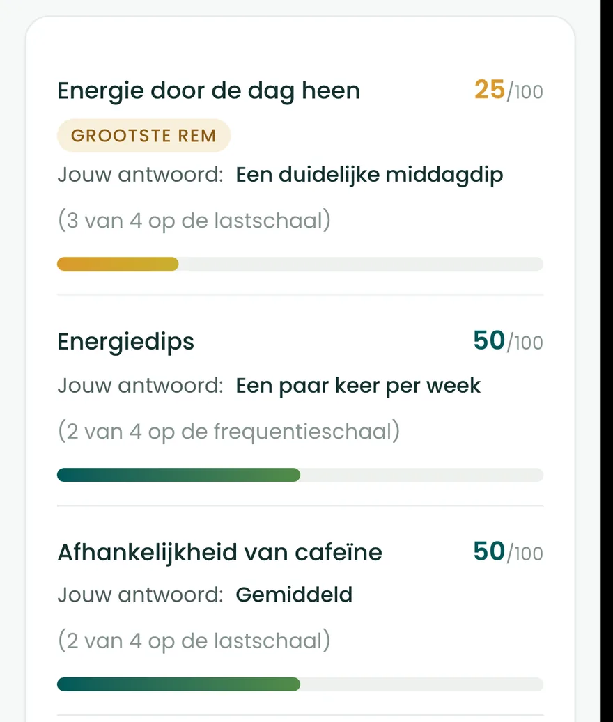 De energievragen teruggelezen op het resultaatscherm van de BioProfile-scan, elk met je antwoord en een score van 0 tot 100