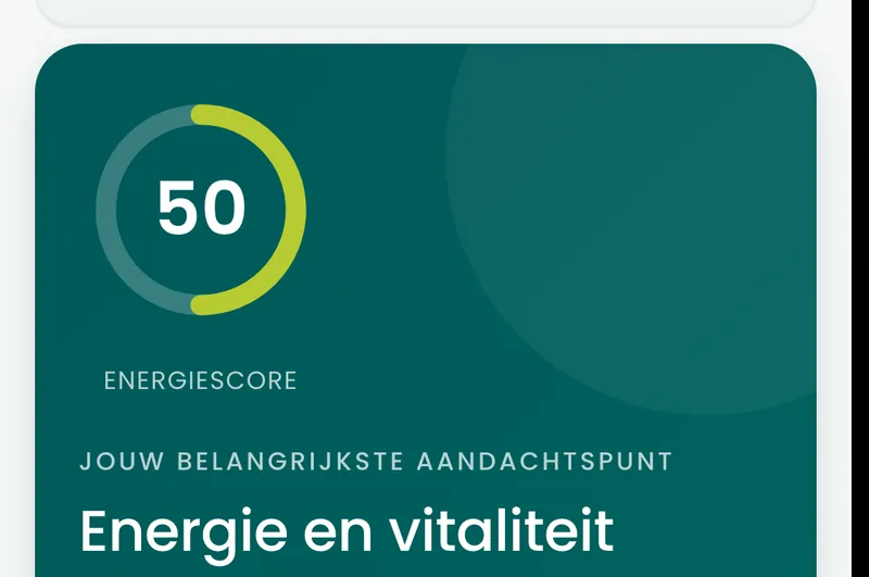 Het resultaatscherm van de BioProfile-energie en vitaliteitscan op een telefoon, met de score in een ring