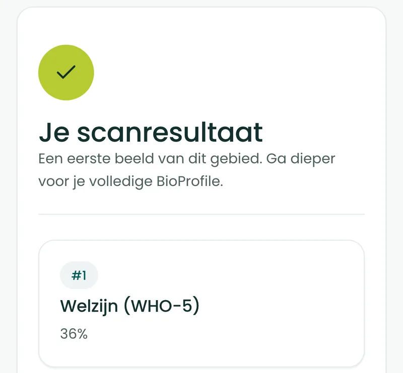 Het resultaatscherm van de BioProfile-algemeen welzijnscan op een telefoon, met de score in een ring