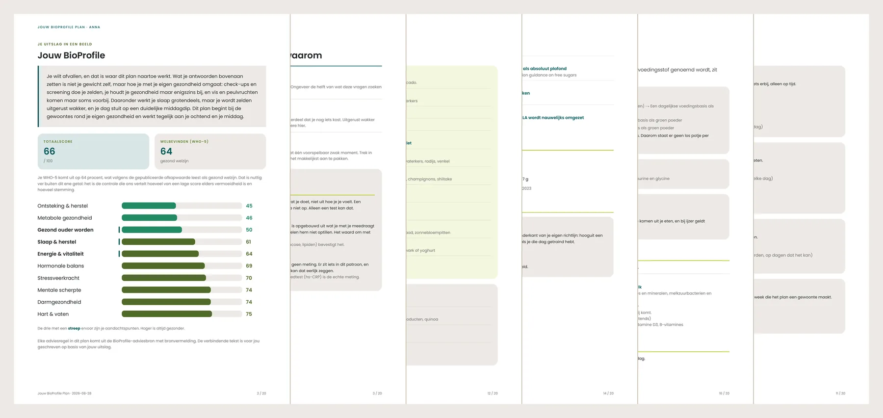 Pagina's uit een BioProfile-plan naast elkaar uitgelegd, met de pagina met de tien profielen vooraan