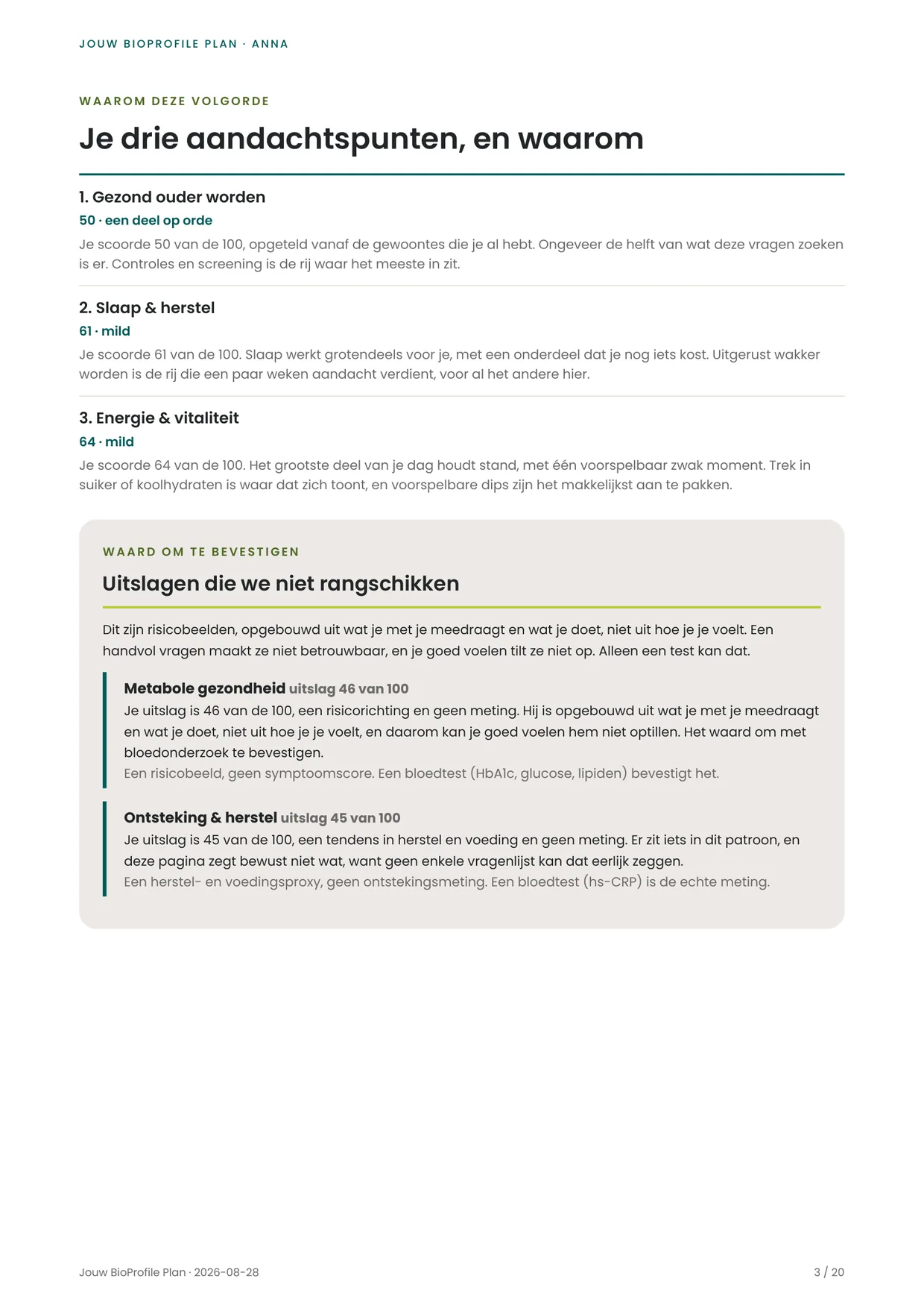Pagina uit een BioProfile-plan met de drie aandachtspunten en het kader met uitslagen die niet gerangschikt worden