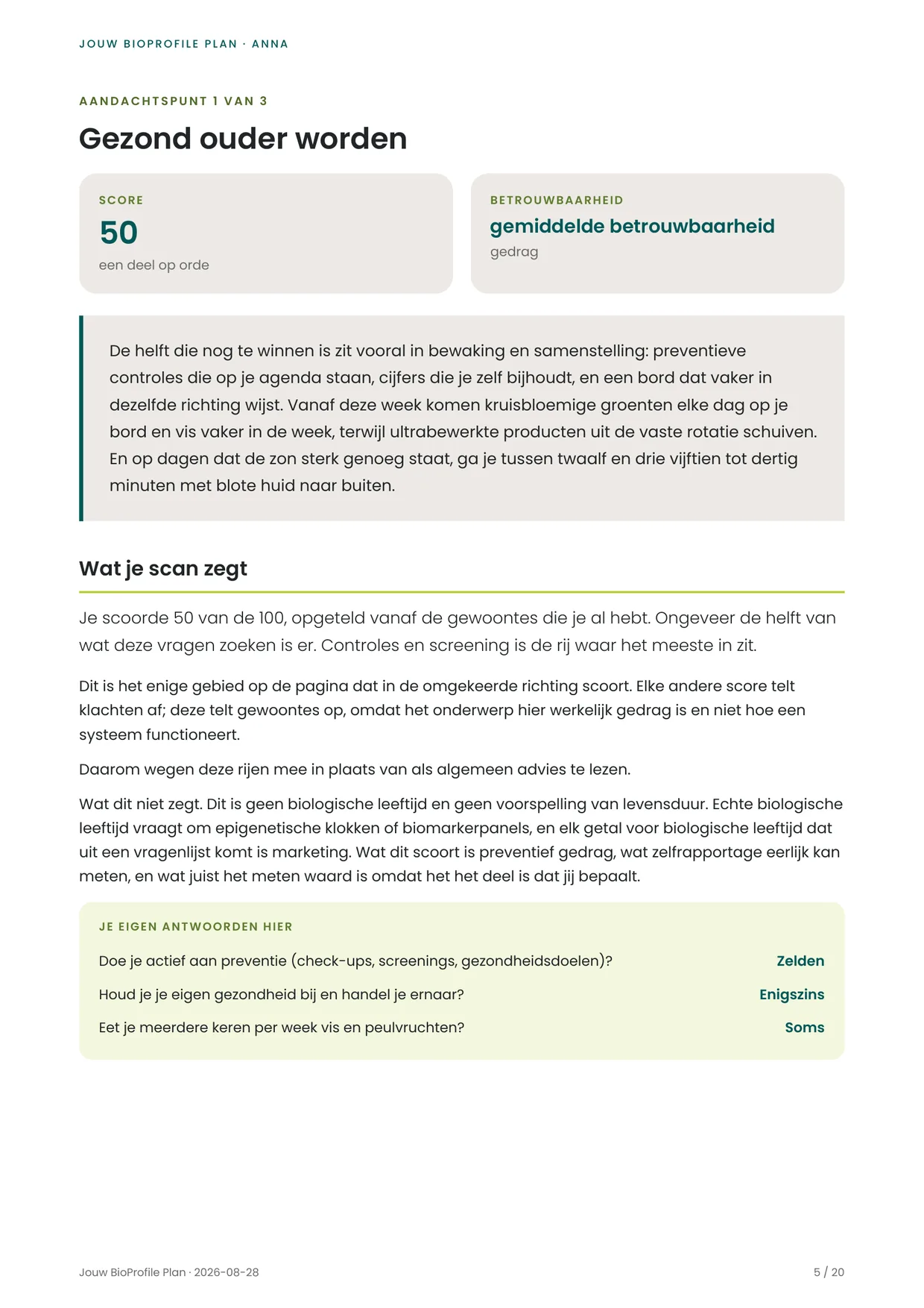 Hoofdstukpagina uit een BioProfile-plan met de score, de betrouwbaarheid en een kader met de eigen antwoorden