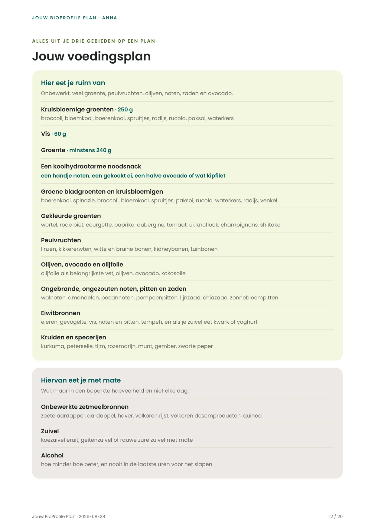 Pagina uit een BioProfile-plan met het voedingsplan in drie lijsten met de namen van de groenten, peulvruchten en eiwitbronnen