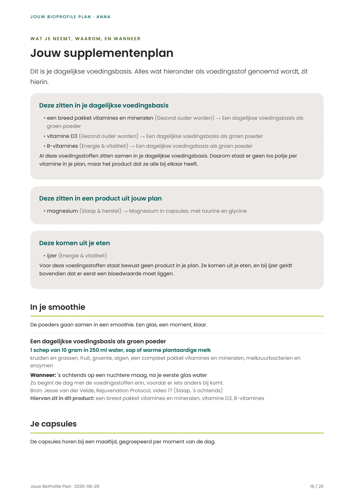 Pagina uit een BioProfile-plan met het supplementenplan, de voedingsbasis en de groepering per moment van de dag