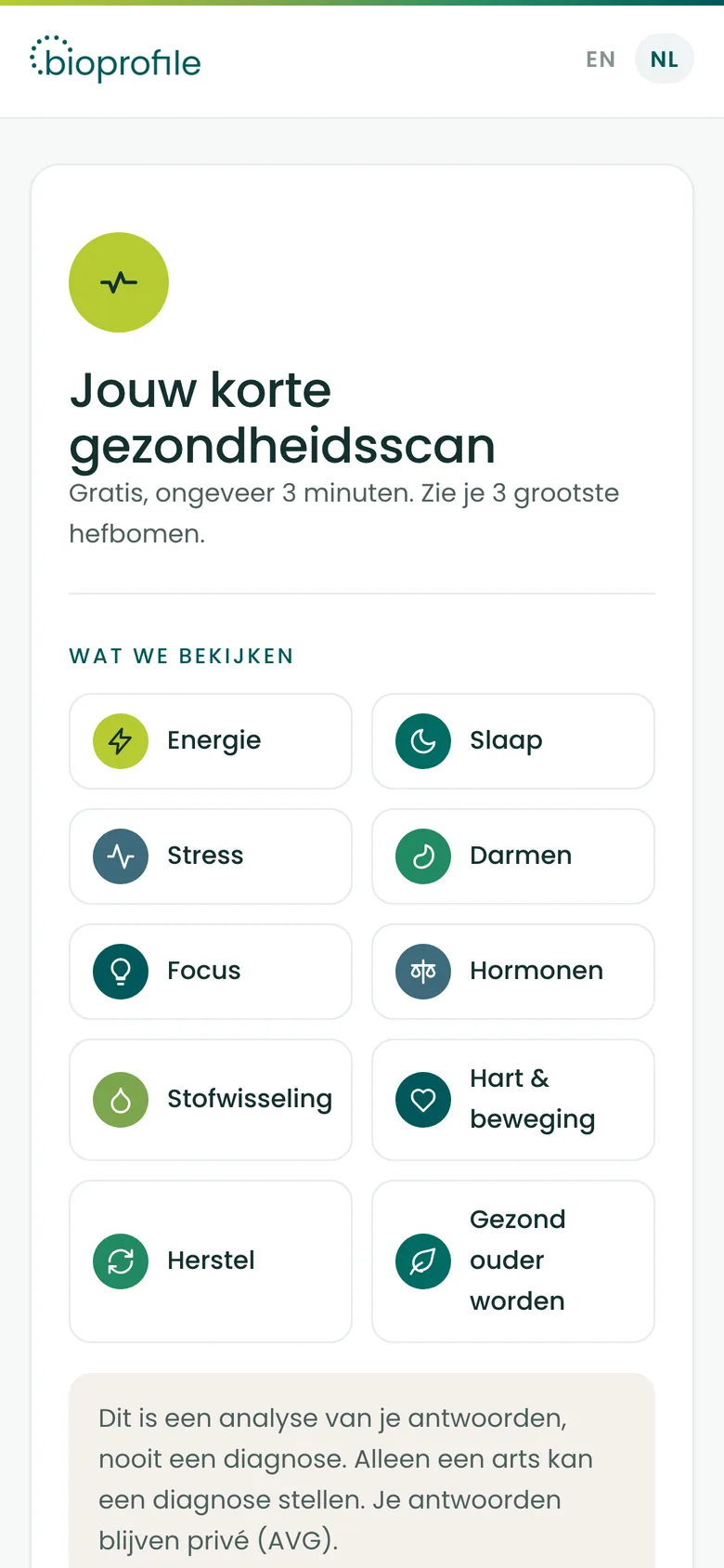 Het startscherm van de korte gezondheidsscan met de gebieden die we bekijken.
