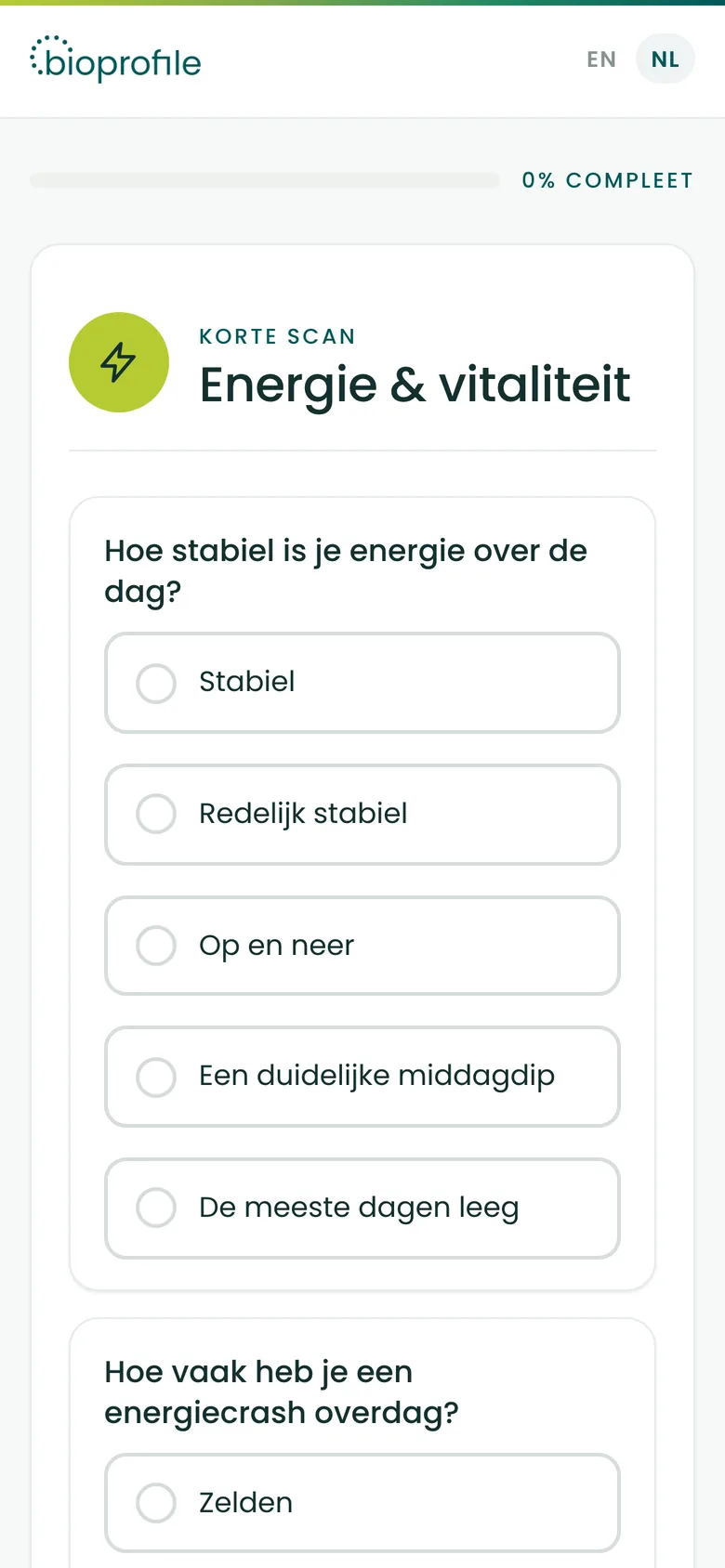 De eerste vragen van de scan, over energie en vitaliteit.
