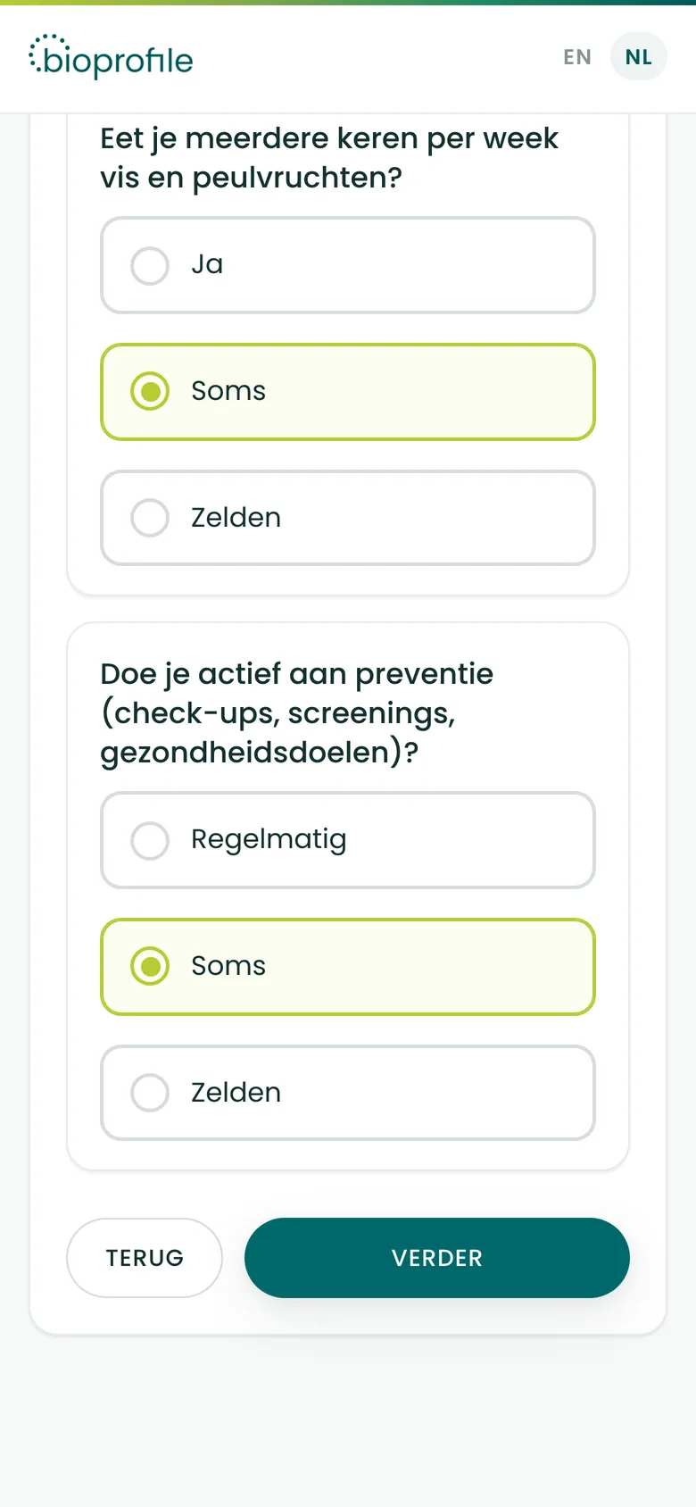 De vragen over dagelijkse gewoonten, ingevuld.