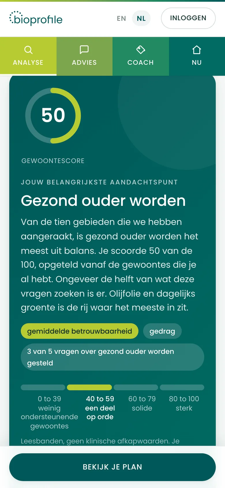 De resultatenpagina van de BioProfile-app op een telefoon: de score van het belangrijkste aandachtspunt in een ring, met de leesband eronder.