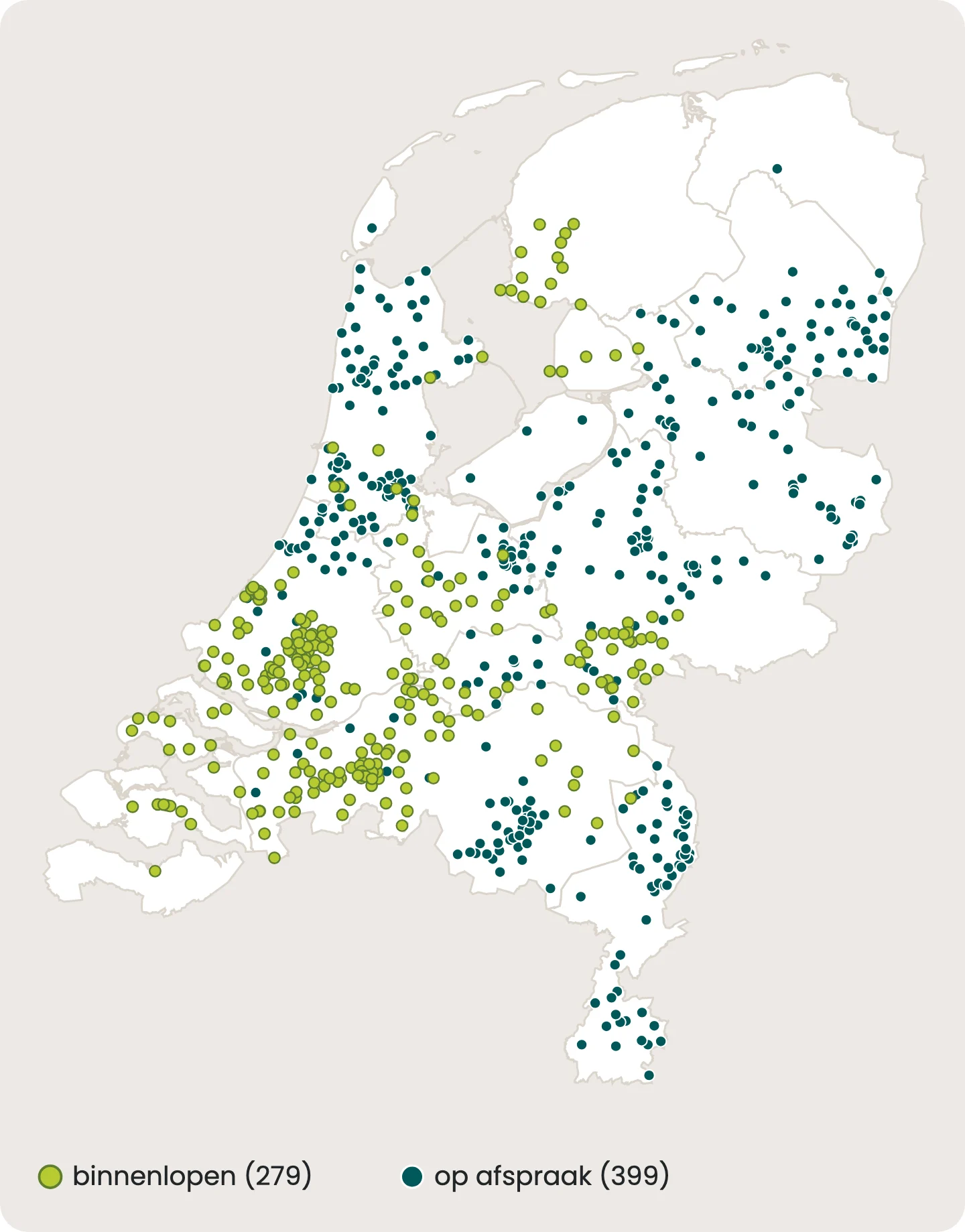 Kaart van Nederland met alle 678 prikpunten uit de lijst van het laboratorium, elk als een stip: 279 prikpunten waar je kunt binnenlopen als lichtgroene stip en 399 op afspraak als donkergroene stip. De prikpunten liggen verspreid over alle twaalf provincies, het dichtst in Zuid-Holland, Noord-Brabant en Gelderland.