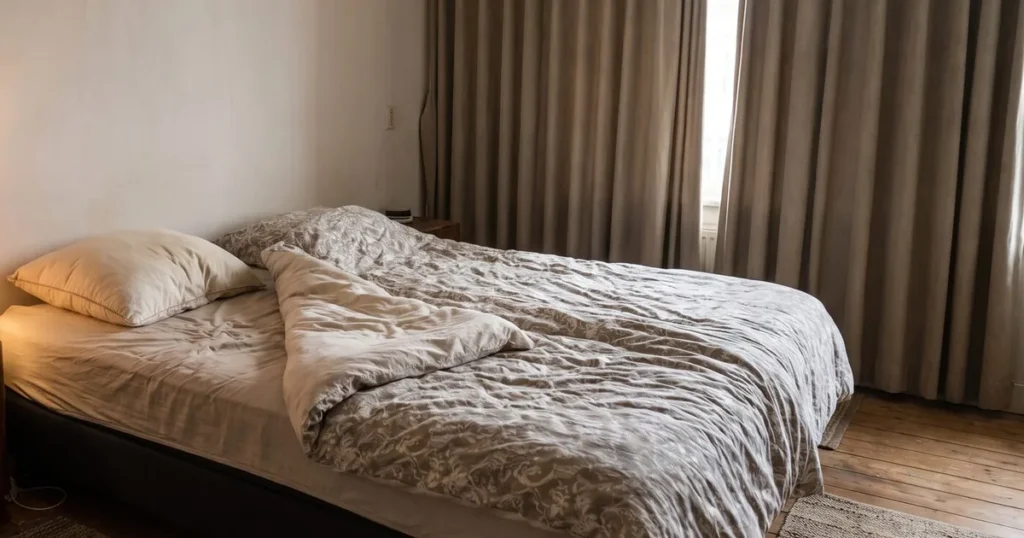 Een tweepersoonsbed met het dekbed opengeslagen en een bedlampje aan, bij de beter slapen tips op deze pagina.