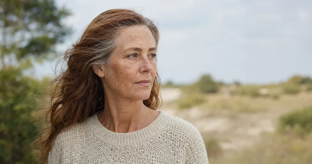 Portret in zacht daglicht van een vrouw van rond de 50 met sproeten en roodbruin haar, de blik opzij.