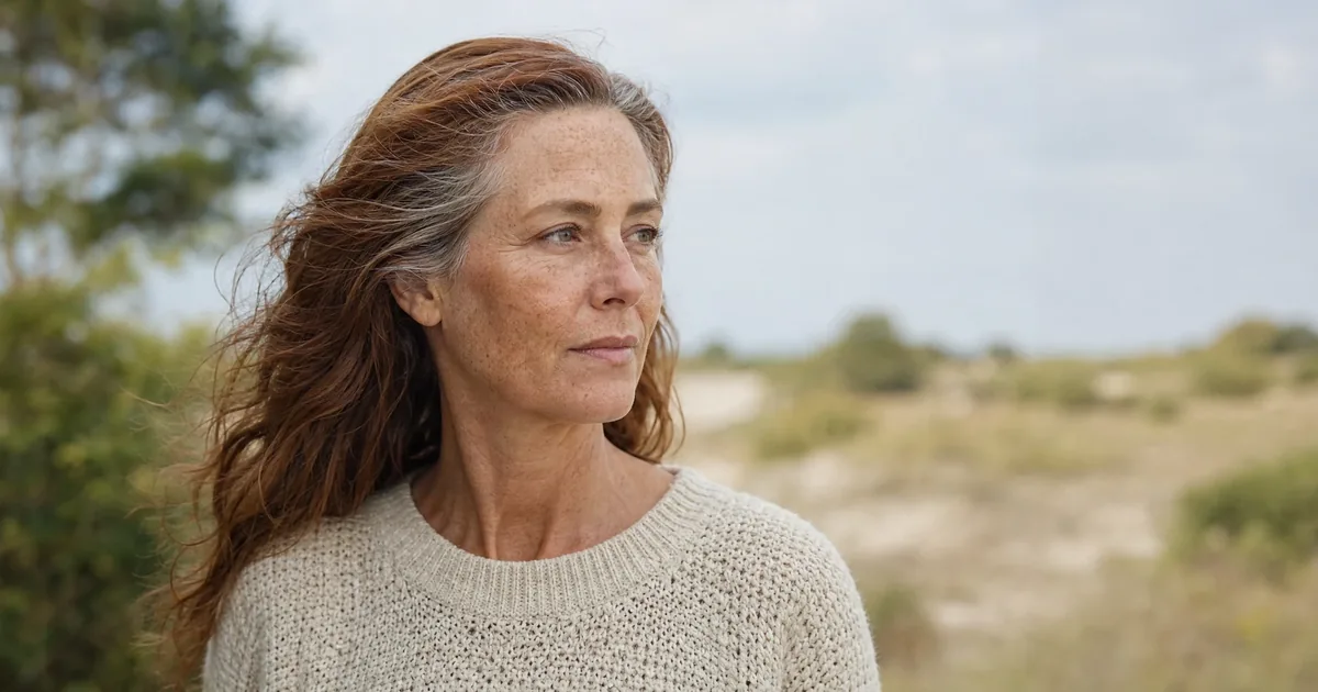 Porträt bei weichem Tageslicht einer Frau um die 50 mit Sommersprossen und rotbraunem Haar, der Blick zur Seite.
