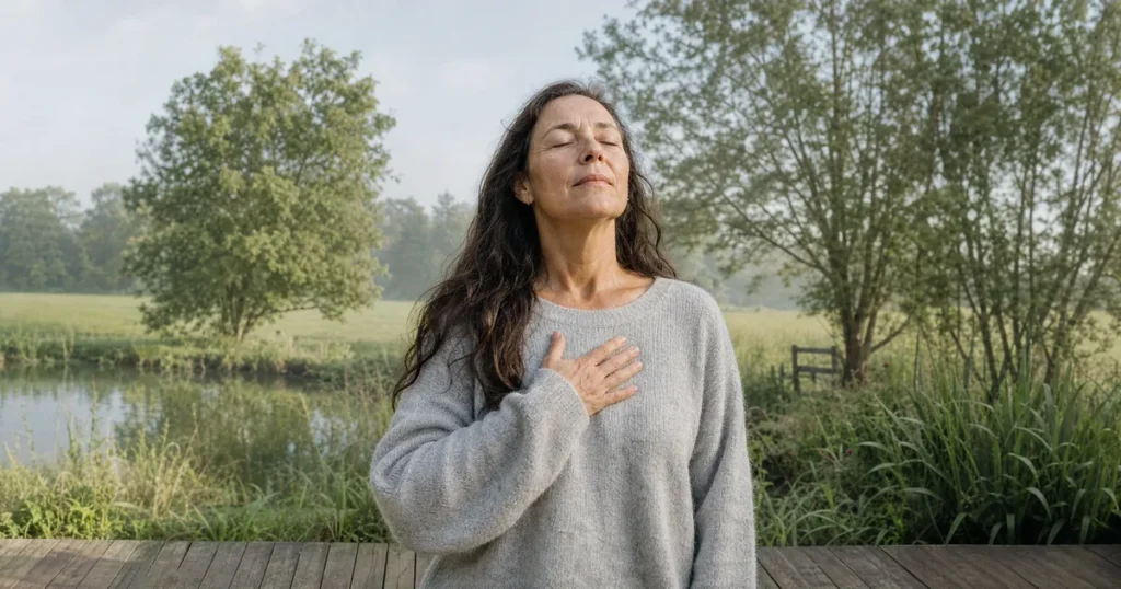 Een vrouw van eind 40 staat met gesloten ogen en een hand op de borst in de ochtendzon en ademt rustig in.