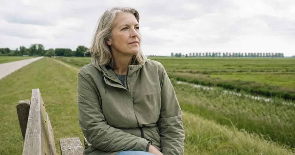 Een vrouw van rond de 55 met grijsblond haar en een olijfgroene jas zit op een houten bank op een dijk en kijkt uit over een vlakke polder met een sloot en een rij populieren, als beeld bij psychische klachten overgang.