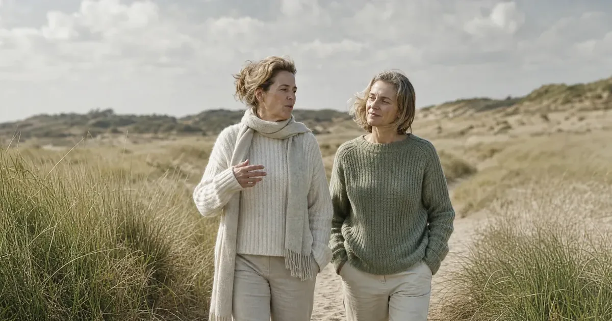 Two female friends in their late 40s walk and talk along a dune path through the marram grass, gentle movement when recovery after exercise is poor.