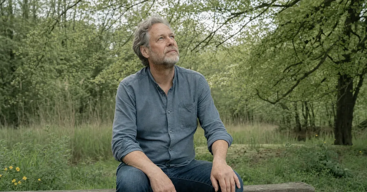 Een man van rond de 55 met een korte grijze baard en een blauw overhemd zit op een houten bank aan de rand van een bos en kijkt omhoog naar de bladeren, beeld bij slecht korte termijn geheugen: oorzaak en achtergrond.