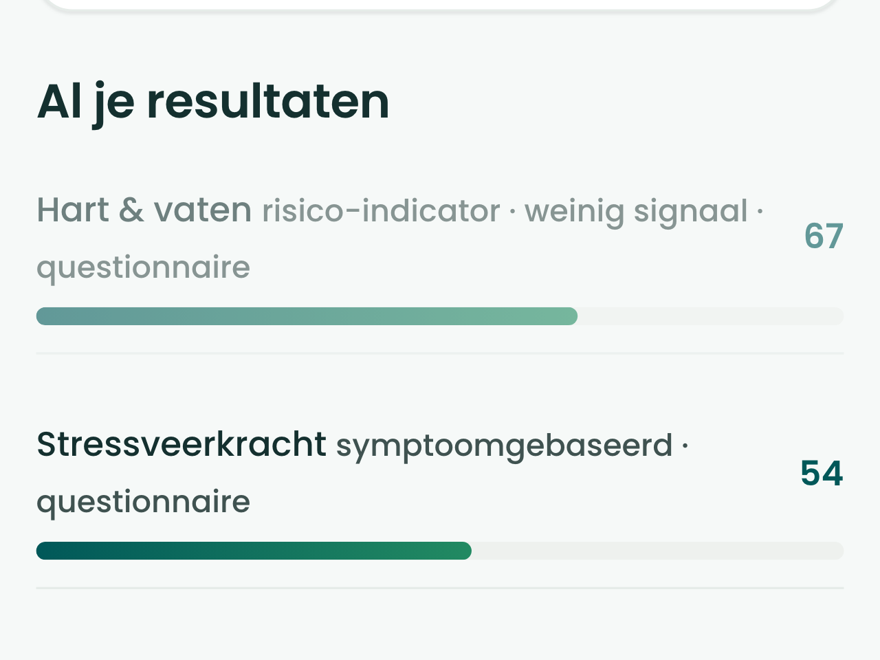 Die Ergebnisseite mit den elf Gesundheitsbereichen und ihren Scores.