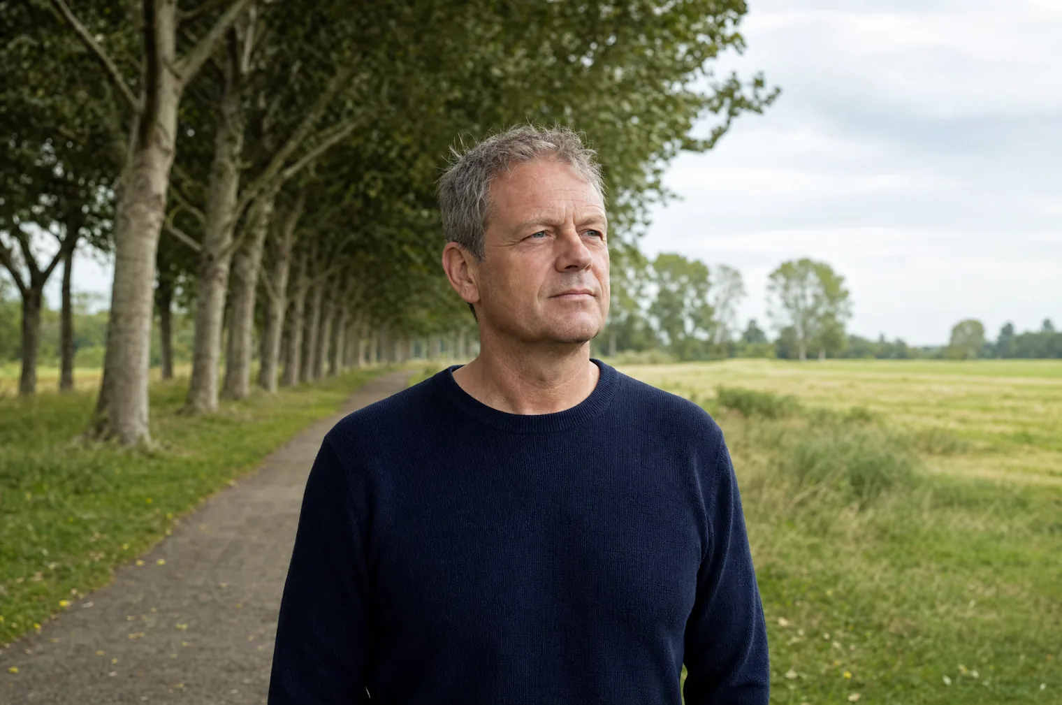 Ein Mann um die 50 mit kurzem, ergrauendem Haar und einem dunkelblauen Pullover steht neben einem Weg mit einer Reihe Platanen entlang einer flachen Wiese und blickt ruhig in die Ferne.