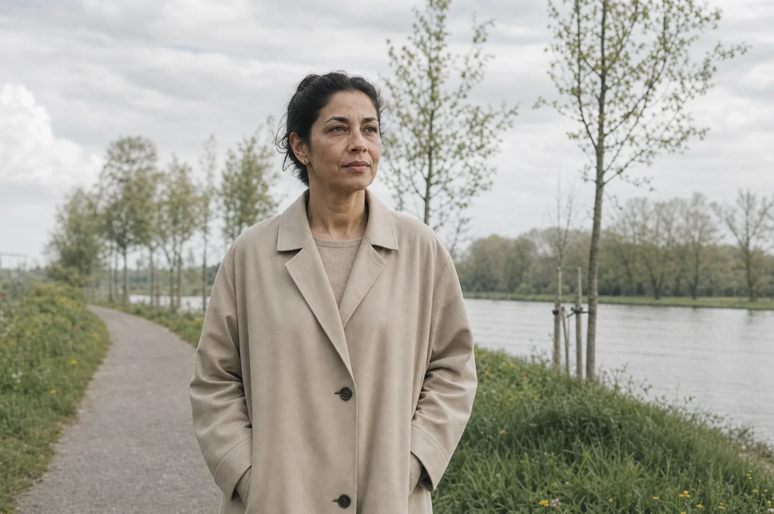Eine Frau um die 50 mit dunklem, hochgestecktem Haar und einem langen sandfarbenen Mantel steht mit den Händen in den Taschen auf einem Weg an einem Fluss mit einer Reihe junger Bäume.