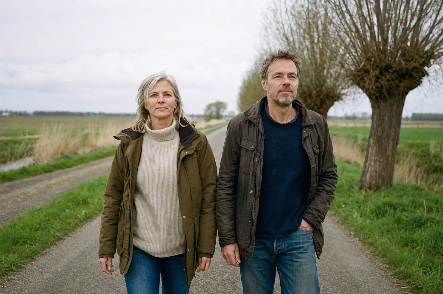 Eine Frau um die 52 und ein Mann um die 55 gehen nebeneinander auf einem Polderweg mit Kopfweiden und blicken ruhig nach vorn.