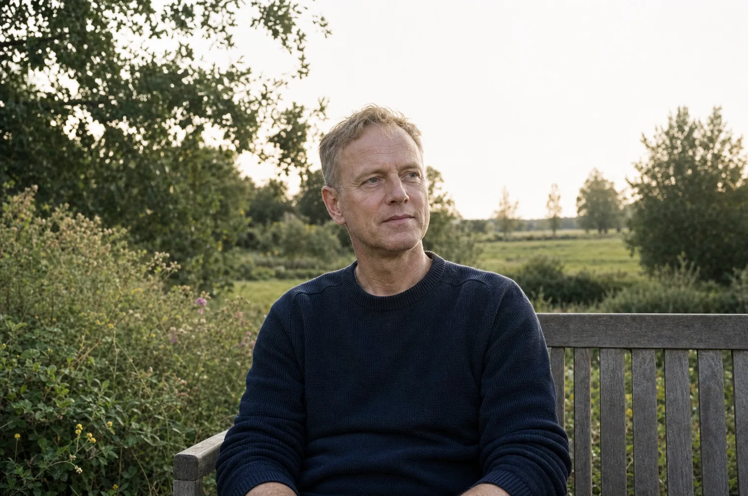 A man of around 50 with short blond hair and a dark blue jumper sits on a wooden garden bench in the soft evening light.