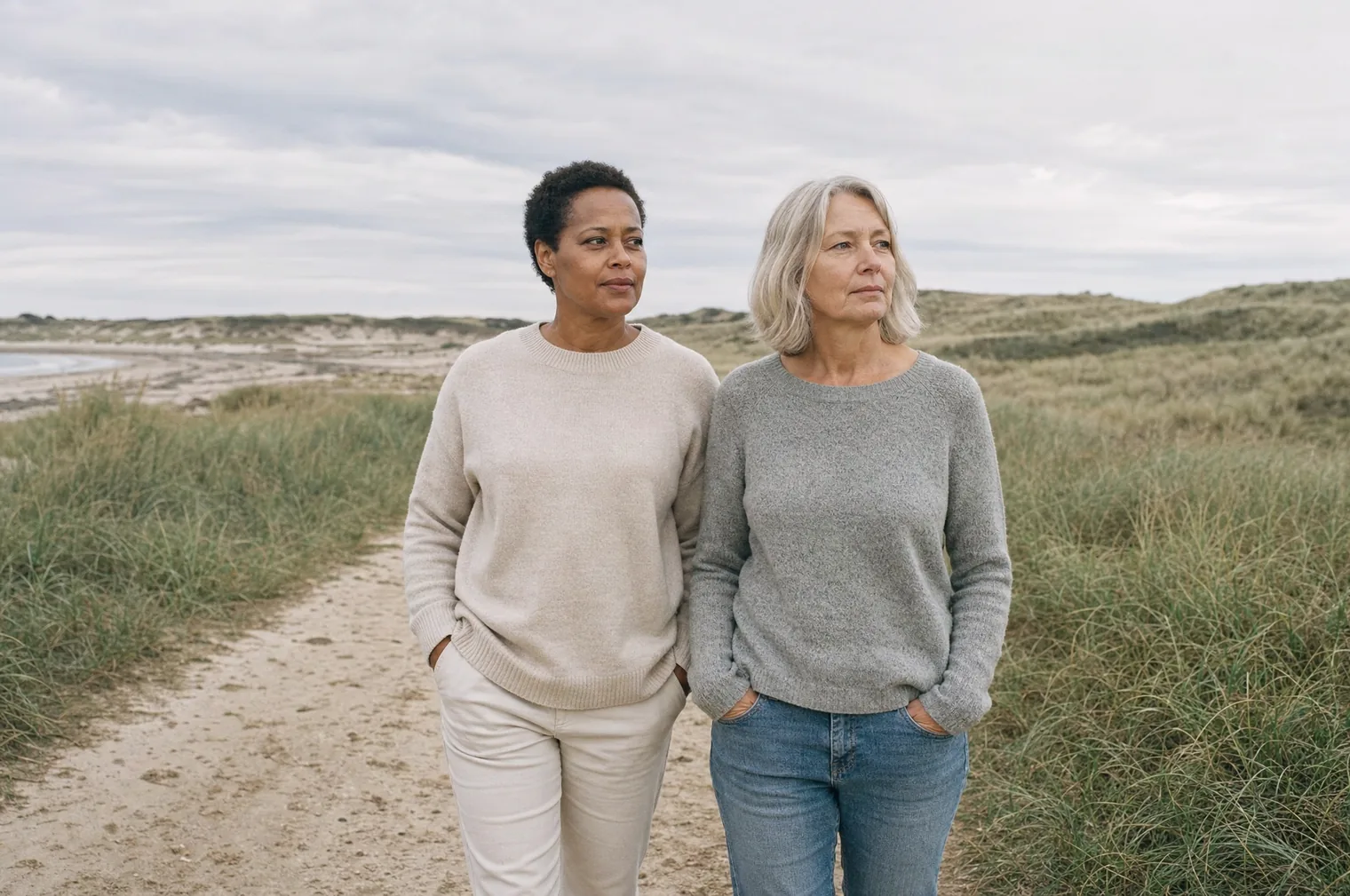 Two women friends of around 45 and 55 walk side by side along a sandy path behind the dunes, with the beach in the distance.