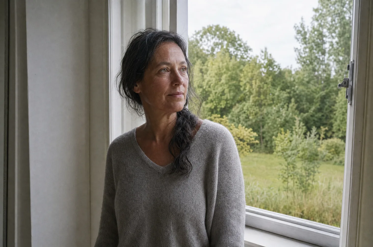 A woman of around 50 with long dark hair in a loose plait stands at an open window and looks at the trees in the garden.