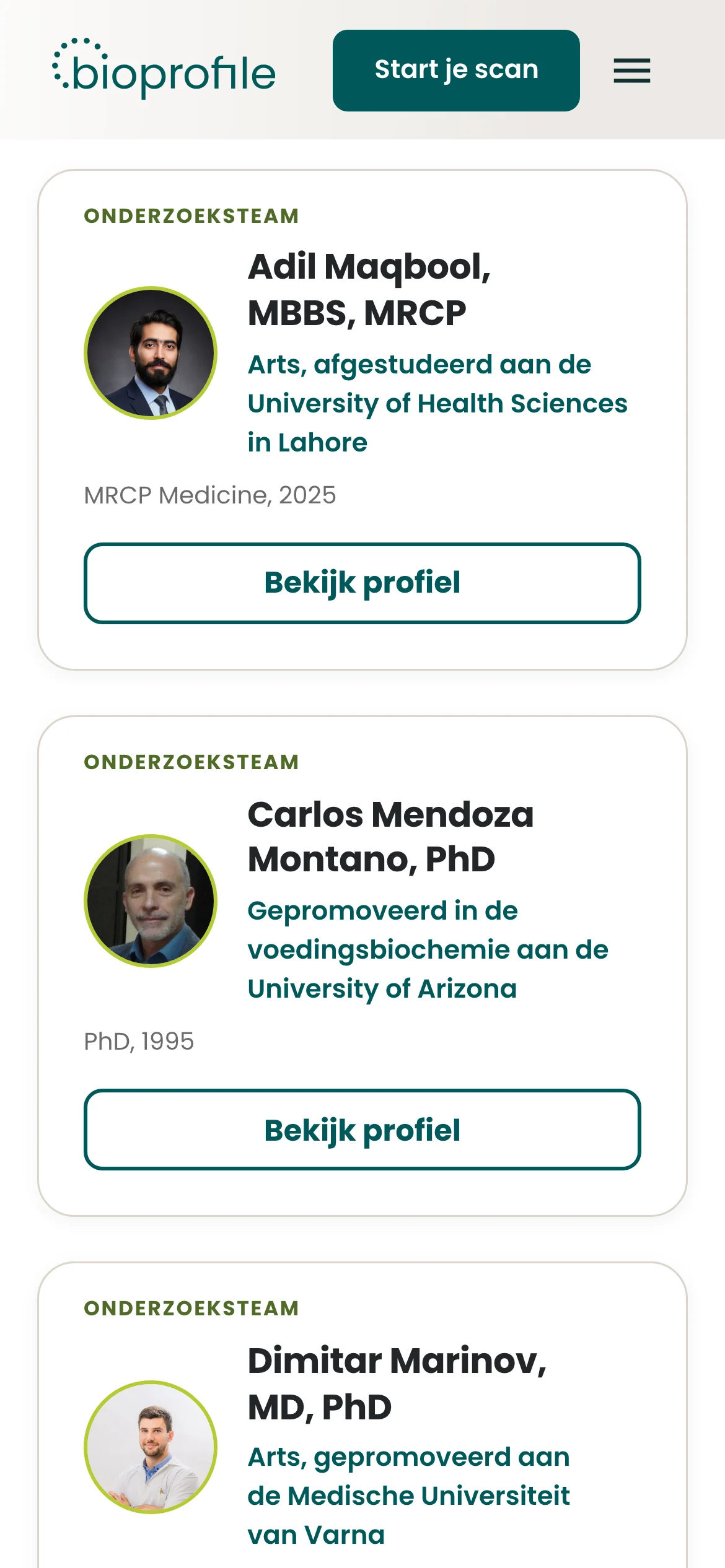 De expertspagina van BioProfile op een telefoon: artsen en onderzoekers, elk met een foto, een titel en een knop naar het profiel.