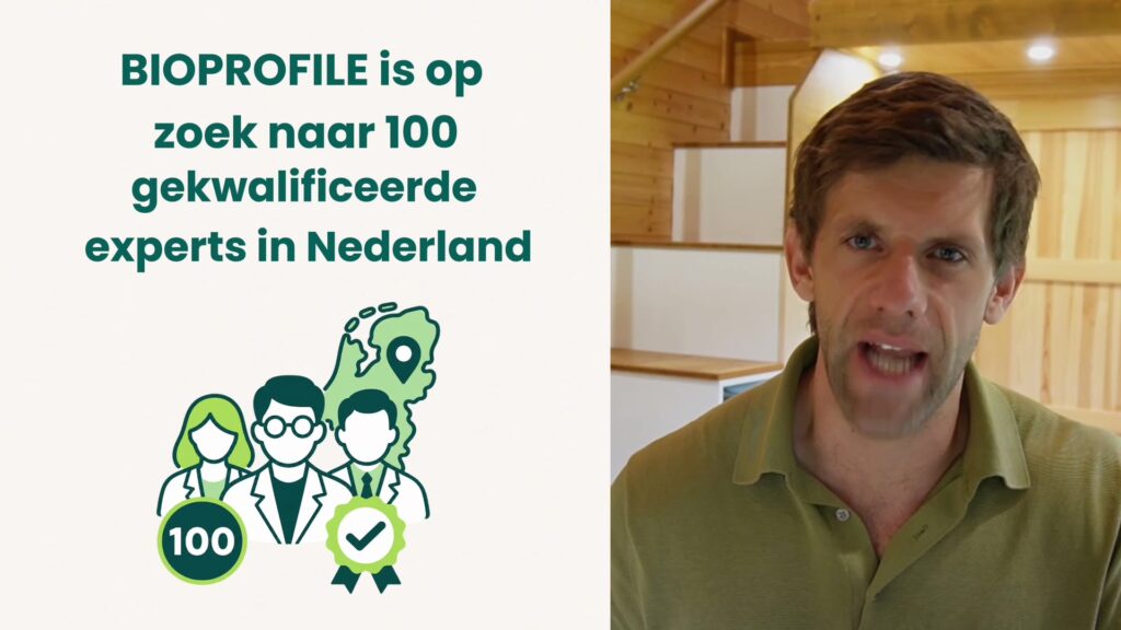 Bild aus dem Video: Jesse van der Velde erzählt, daneben der Text BioProfile sucht 100 qualifizierte Experten in den Niederlanden.