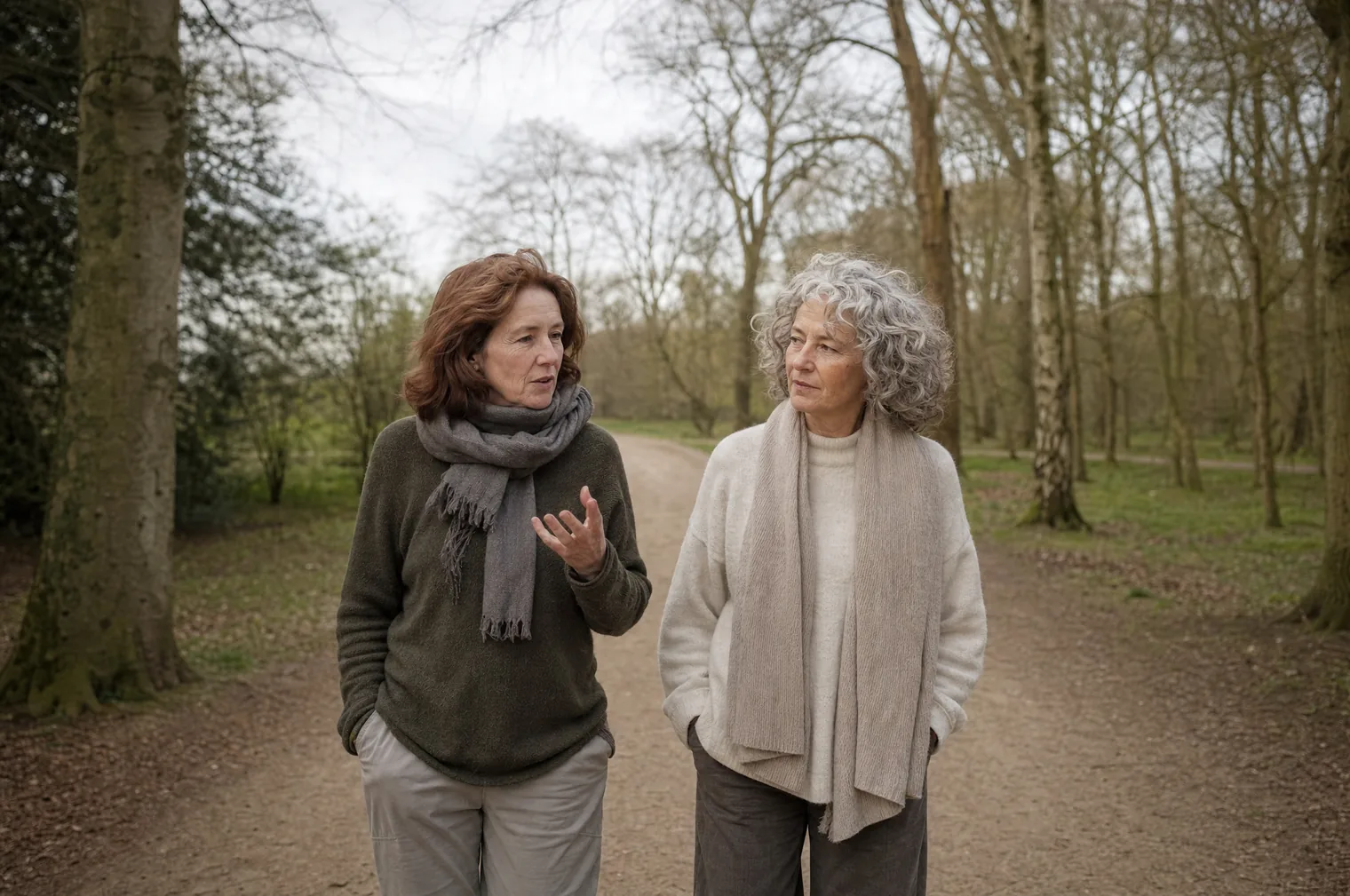 Two women of around 55, one with auburn hair and one with grey curls, walk side by side and talk, along a wide path through a wood with bare trees.