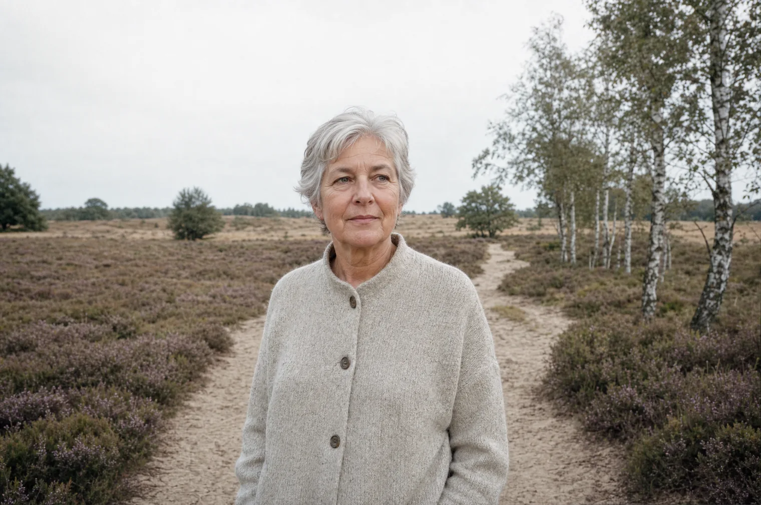 A woman in the 60s age range, with short grey hair and a light grey knitted cardigan, stands on a sandy path across the heath among birch trees, looking calmly to one side.